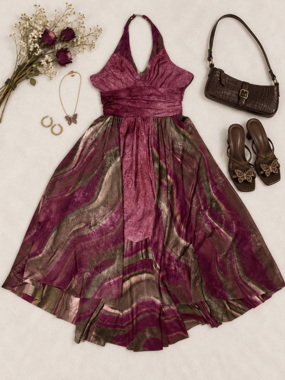 Y2K Fairy Whimsigoth Halter Dress Glitter Marbled High Low Dress XS S